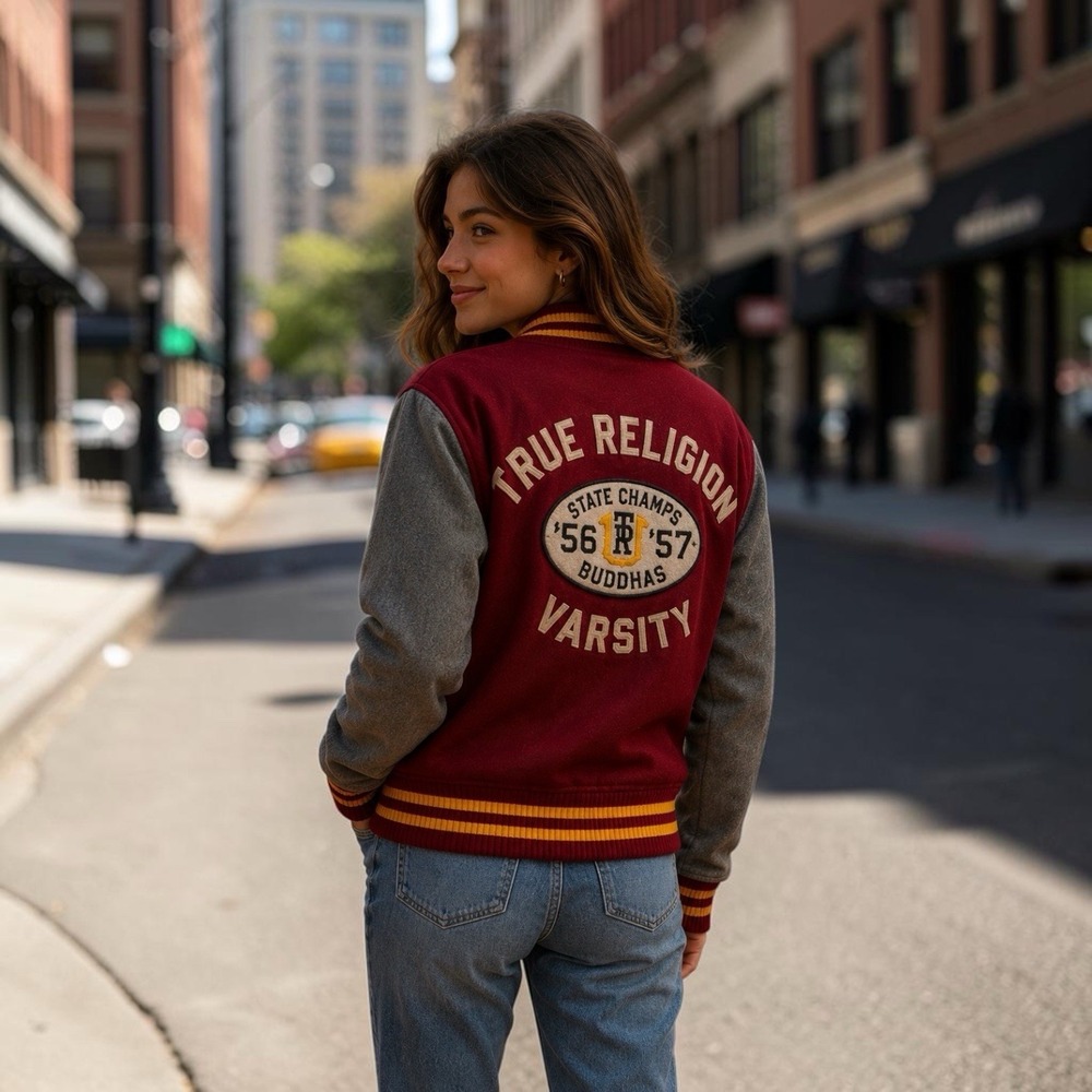 True Religion Varsity Bomber Jacket Women Size S Red Letterman College